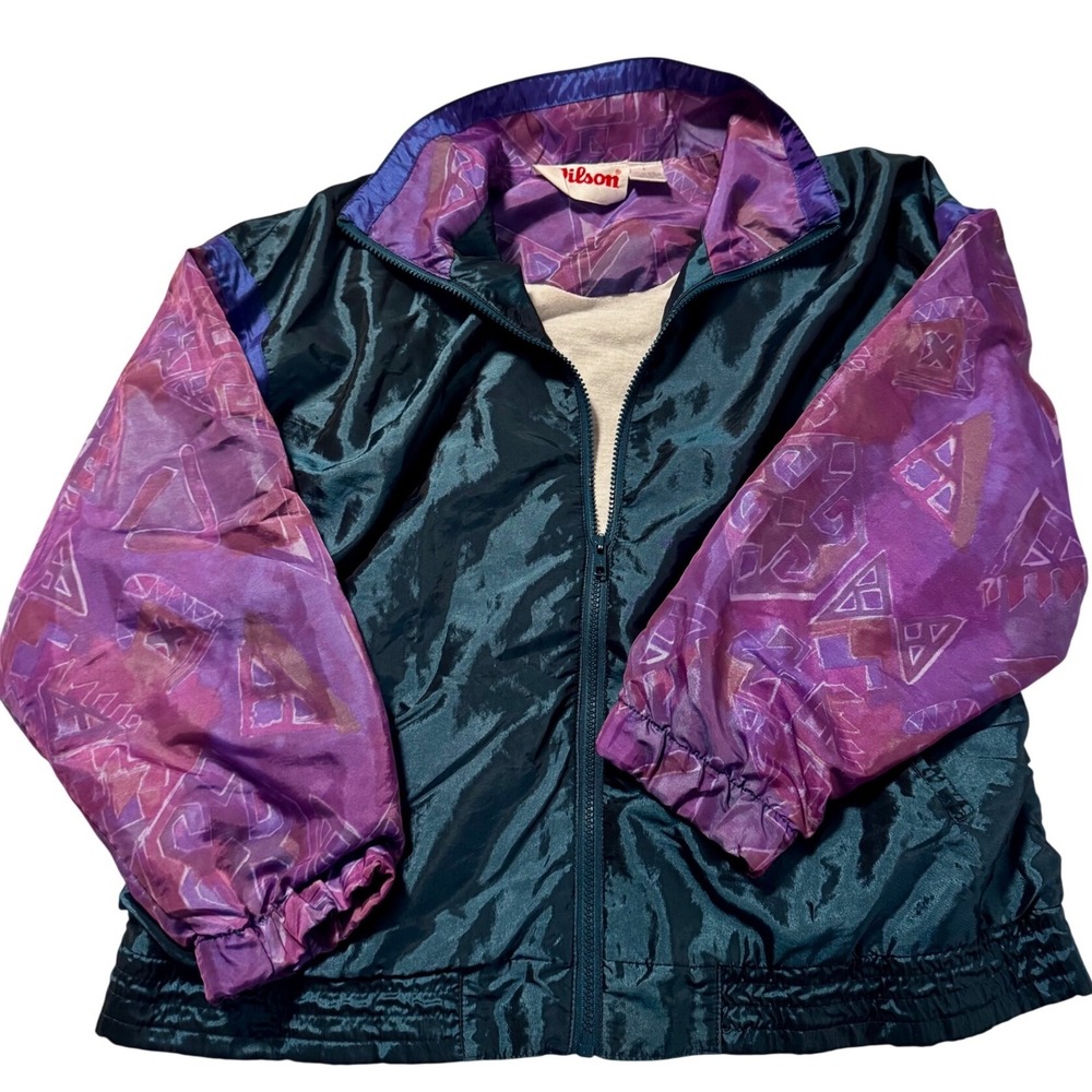 Vintage 80's Nylon Shiny Colorblock full zip Windbreaker‎ Teal Purple Wilsons